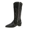Fashion Retro Pointed Toe Chunky Heel Western Cowboy Boots Women Spring Autumn Side Zipper Rivets Embroidery V-mouth Long Knight Botas