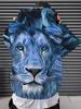 Fashionable Hooded Sweatshirt, Casual Athletic Hoodie Blue Lion Head Close-Up Fluffy Eyes Sharp Gaze with Front Pocket - Elastic Blend, Suitable for