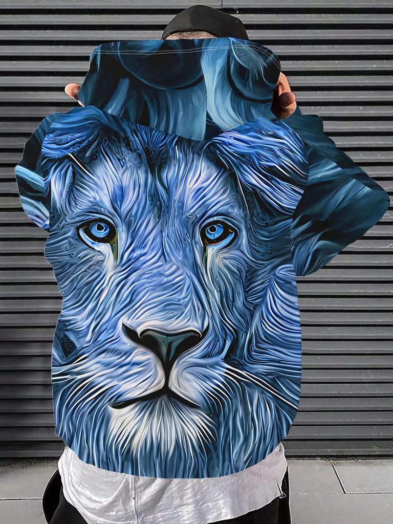 Fashionable Hooded Sweatshirt, Casual Athletic Hoodie Blue Lion Head Close-Up Fluffy Eyes Sharp Gaze with Front Pocket - Elastic Blend, Suitable for