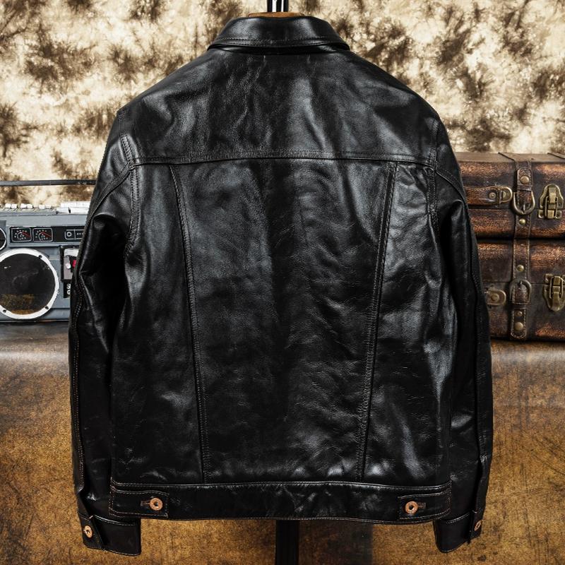 Genuine Horsehide Leather Jacket for Men Short Slim Fit Waxed Tea Core Vintage Biker Jacket Stand Collar