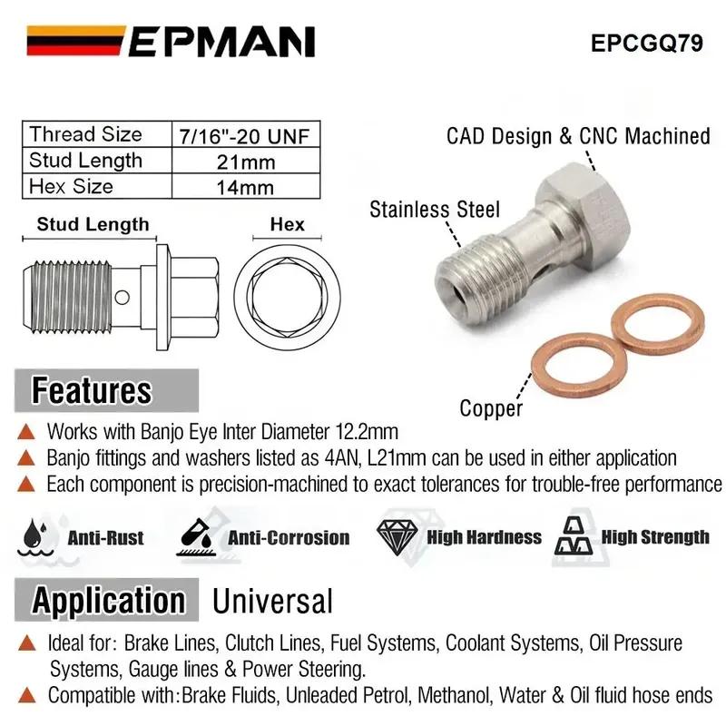 EPMAN Performance Banjo Bolt Single Stainless Steel 7/16" X 20 UNF, -4 AN / -3 AN / M12 / M10 Turbo Brake Line Universal EPCGQ79