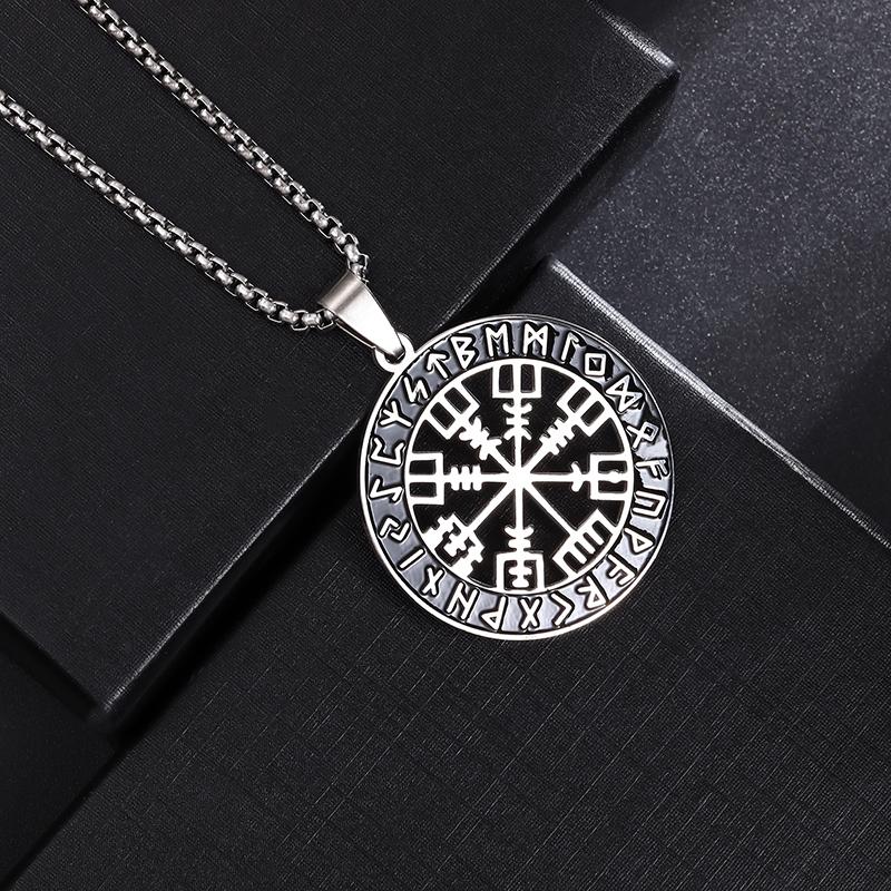 Stainless Steel Vintage Nordic Rune Compass Necklace Men Fashion Trend Amulet Nordic Jewelry