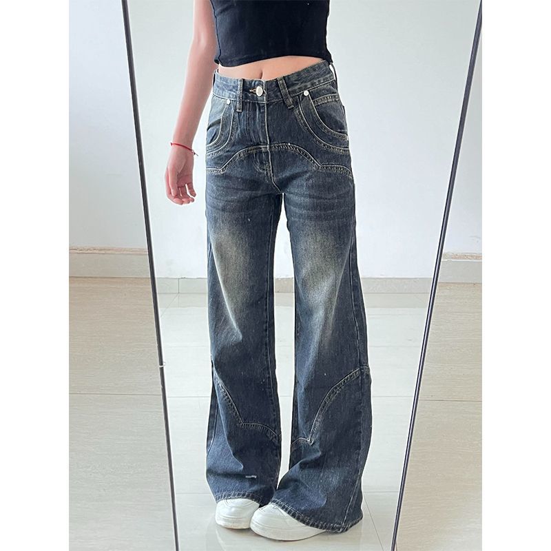 

Ретро расклешенные джинсы женские осенне-зимние новые с высокой талией пикантная девушка вставные свободные мопсы не облегающие ноги слегка зауженные брюки 2XL синий