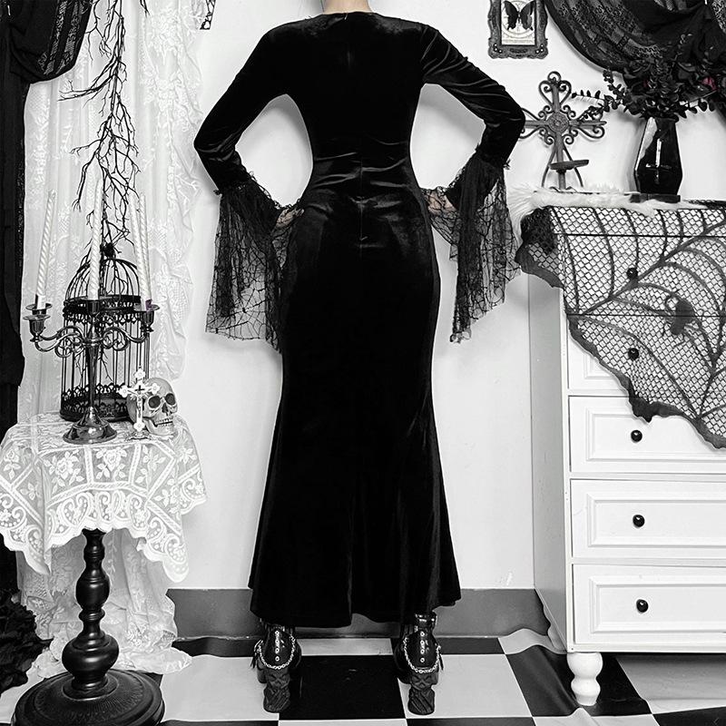 AltGoth Gothic Dark Halloween Velvet Dress Women Vintage Fairy Grunge Lace Patchwork Flare Sleeve High Waist Evening Party Dress
