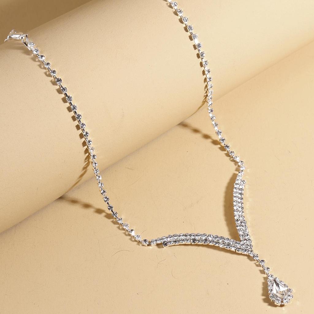 Bridal Jewelry Set: European & American Style Diamond V-Neck Teardrop Pendant Necklace & Stud Earrings N5471
