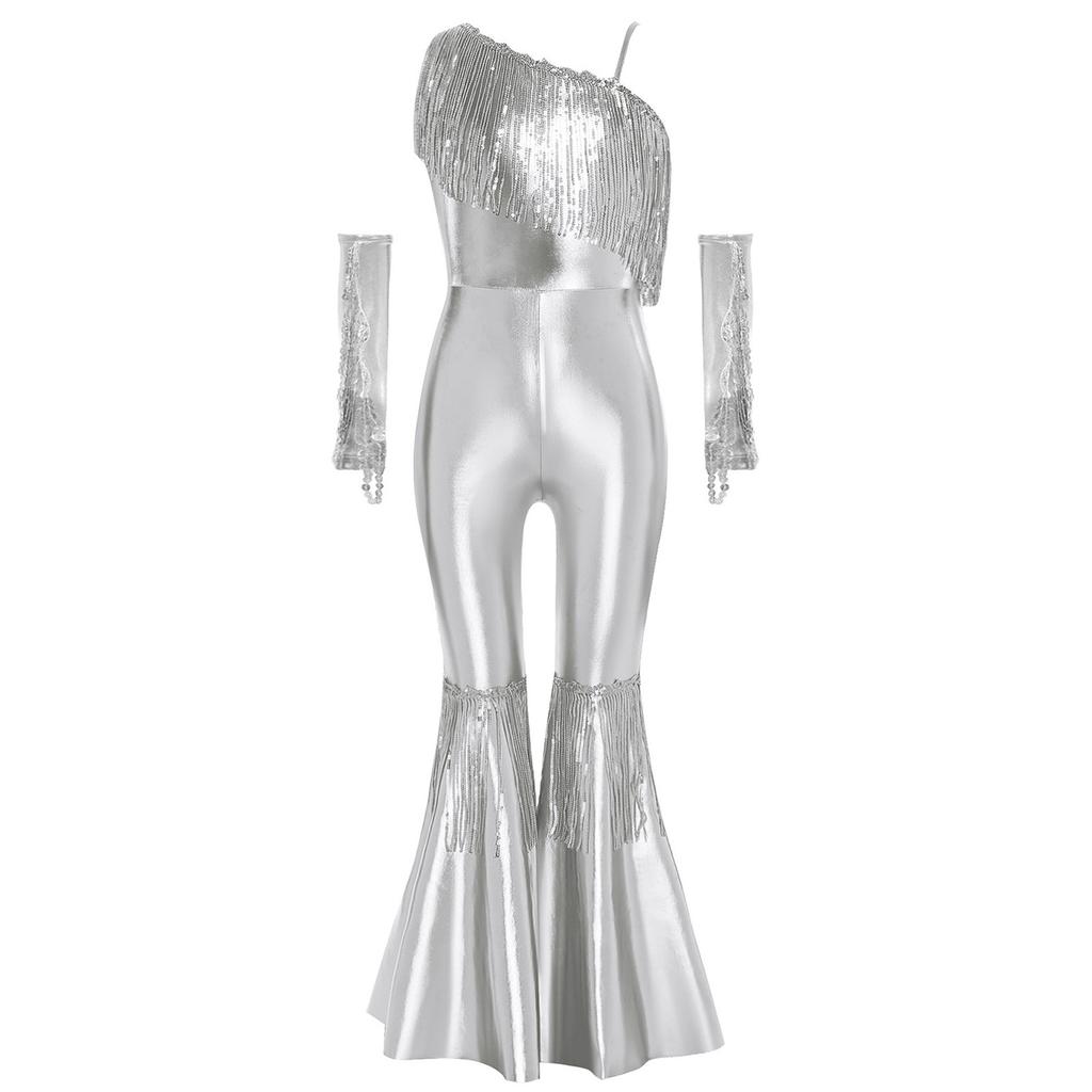 Girls Sequined One Shoulder Jumpsuit Sleeveless Disco Dance Costume High Waist Flared Design Tassel Details Gloves Included