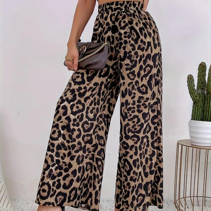 Summer Temperament Leopard Print Casual Pants with Women's Print Elastic Waistband Sagging Feelin Wide Leg Pants