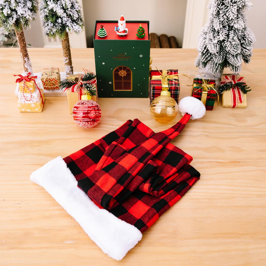 Warm Red Black Check Christmas Hat With Soft Fur Trim For A Modern Celebration Festive