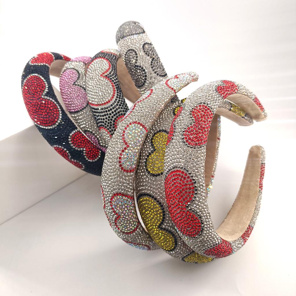 Baroque Heart Pattern Rhinestone Sponge Pad Headband Girls Women's Colored Rhinestone Adult Plastic Hairband Accessories