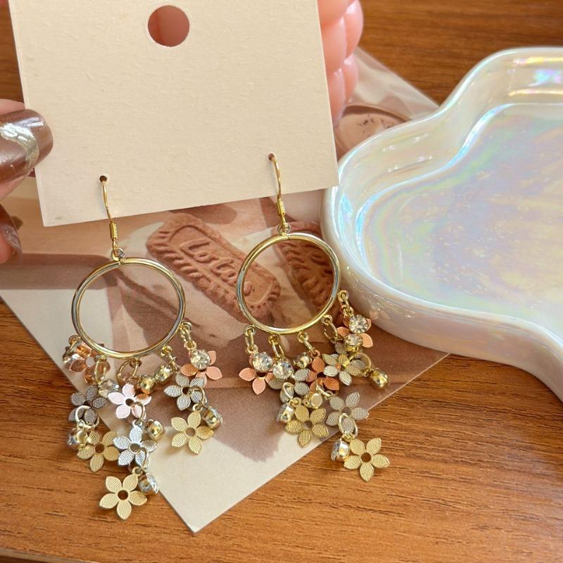 Stylish Elegant Small Flower Long Tassel Pendant Earrings for Women Vintage Temperament Exquisite Wedding Party Zircon Gift