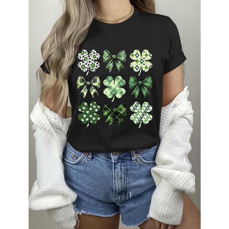 

Очаровательная футболка с графическим принтом в виде клеверного банта, европейский размер - Забавная и модная рубашка с коротким рукавом, демонстрирующая уникальный набор узоров с трилистником, для повседневного использования S чёрный