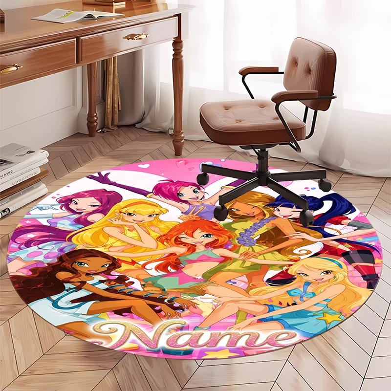 Custom Name Winx Club Printed Round Rug Carpet Chair Rug Area Rug Entryway Doormats,for Office Chair Living Room Bedroom Kitchen Room.