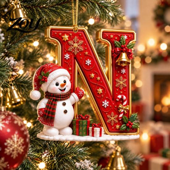 Indoor Holiday Decorations Cute Snowman Letter Christmas Ornament, 2D Flat Personalized A-Z Alphabet Clear Pattern Hanging Decor Acrylic Pendant