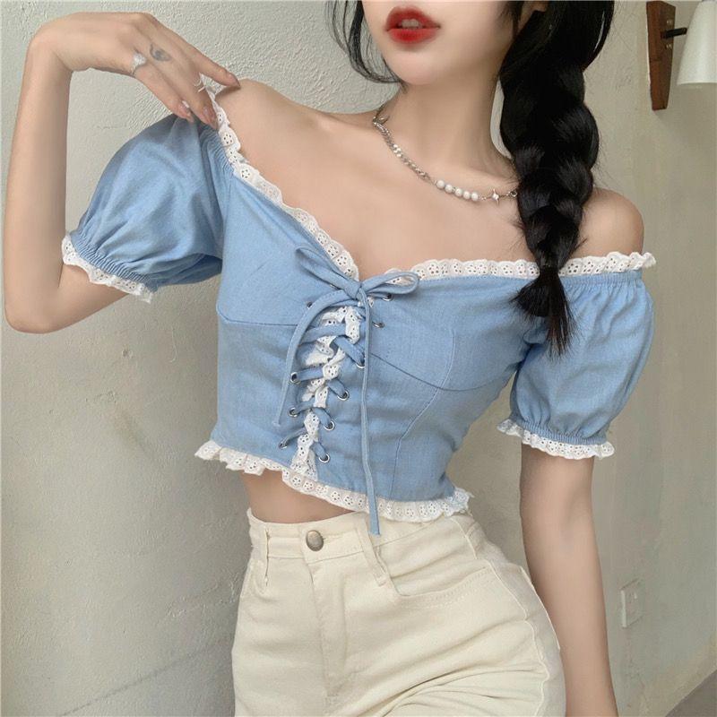 

Летняя женская трендовая кружевная джинсовая рубашка, сексуальный короткий топ на одно плечо с высокой талией, модные футболки без бретелек с пузырьковыми рукавами XL небесно-голубой