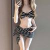 Swimsuit women's new split neck small chest gathering split black striped vacation bikini hot spring