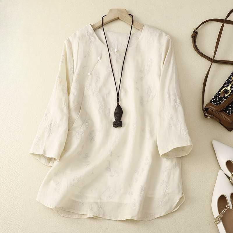 

Embroidered round neck shirt cotton linen women s loose top M