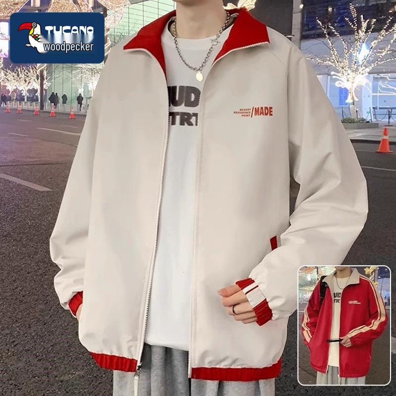 

Woodpecker Men s Double-Sided Stand Collar Jacket - Spring/Autumn Casual Hong Kong Style Thin Windbreaker 2025 M (90-120 lbs) вино красного