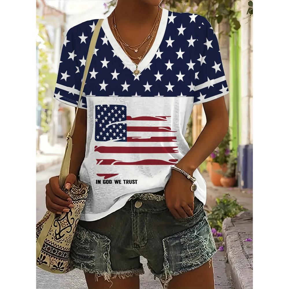 2026 New Star Print Women's T-Shirt Plus Size Top America Flag Summer Women's Trendy Clothing Short Sleeve Shirt V-Neck Blouse