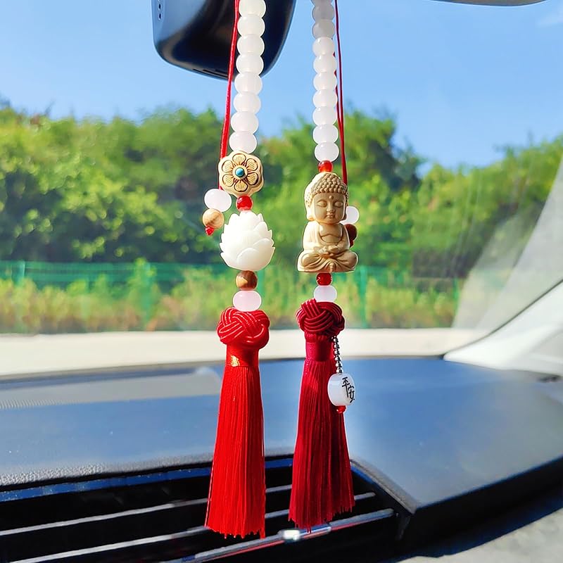 Buddha Rear View Mirror Accessories Hanging Charms, Tassels Car Hanging Ornament, Cute Car Accessories for Women/Men, Fo Bao Ping an