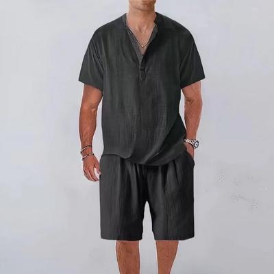 Summer Men Suits Stand Collar Button Short Sleeve Shirt 2 Piece Set Casual Pocket Short Pants Sweatsuits Men's Sports Two Piece Sets