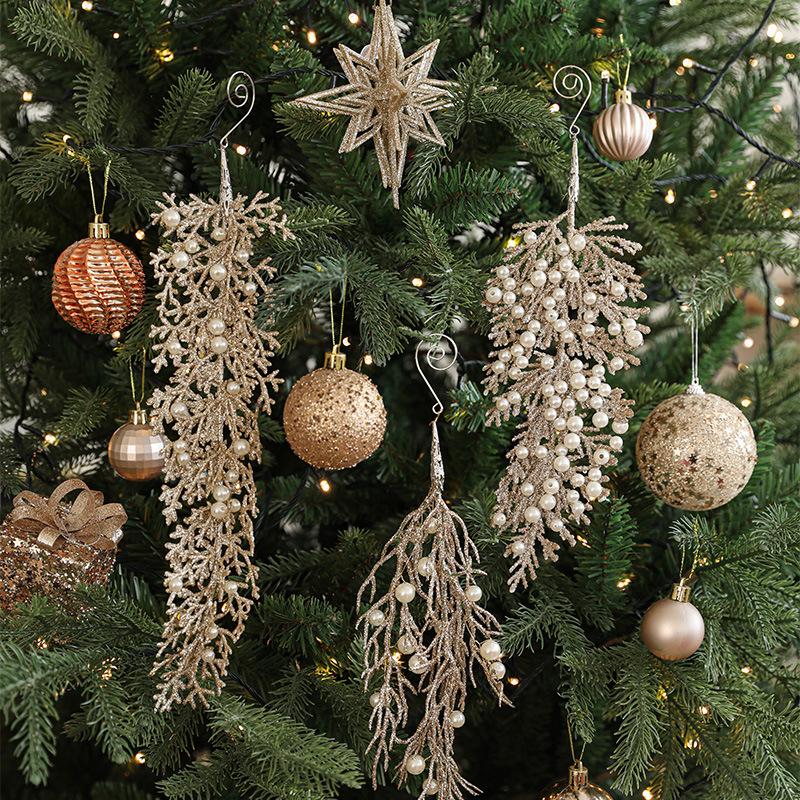Champagne Irregular Christmas Ornaments with Frosted Pearls & Cedar Leaf, Plastic Hanging Decor for Xmas Tree