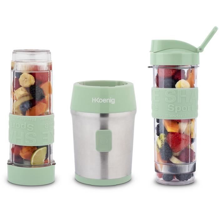 Mini Blender - H.KOENIG - SMOO18 - 300 W - 570 mL - Pastel Green - 2 Gourds Included - BPA-free
