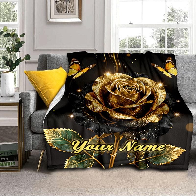 1PC Custom Name Golden Rose Elegance flannel blanket versatile,all-season throw suitable for the living room,bedroom,camping,travel,and gift