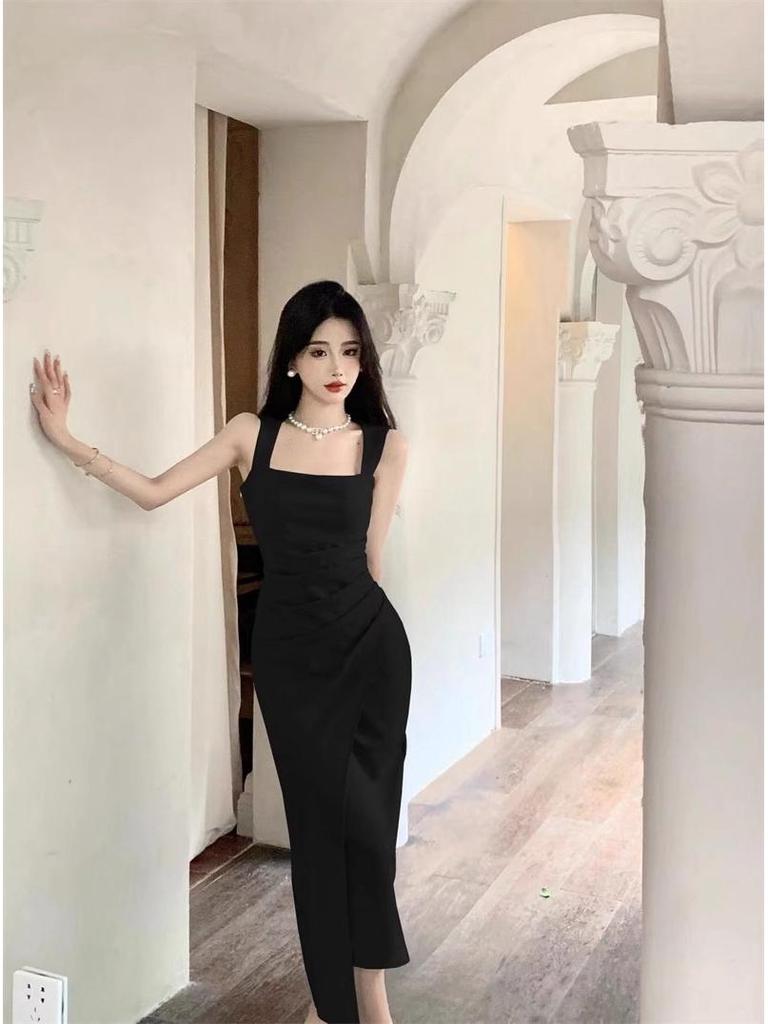 Elegant Satin Square Neck Pleated Camisole Bodycon Dress - Women's Slim Fit Long Summer Dress, New Arrival.