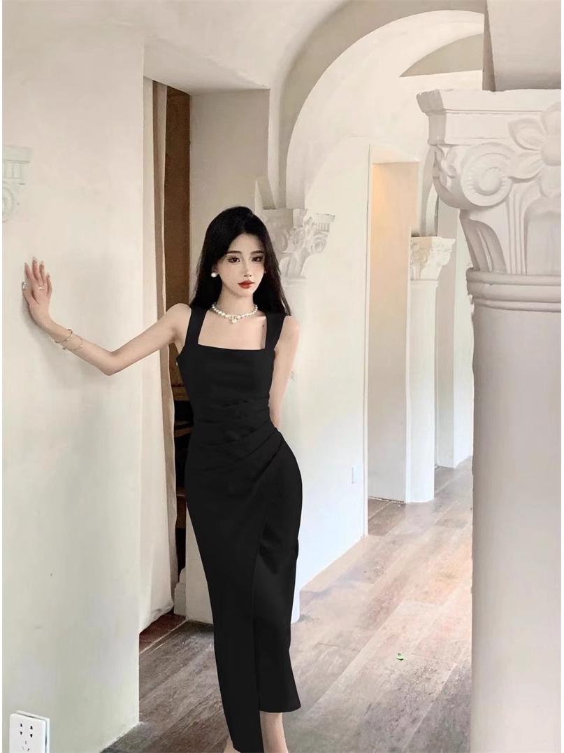 Elegant Satin Square Neck Pleated Camisole Bodycon Dress - Women s Slim Fit Long Summer Dress, New Arrival. Large (L)