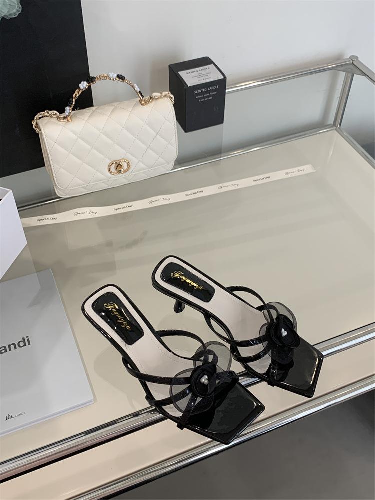 French one-word with square head open-toed sandals women's stiletto high heels fairy style 2025 summer new flower slippers