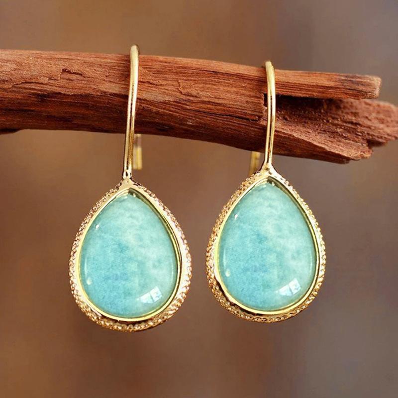 Gold Plated Teardrop Amazonite Drop Earrings, Dainty Natural Stone Teal Crystal Dangle Earrings for Women