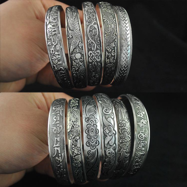 Retro Ethnic Tibetan Silver Bracelet with Elephant Carving - Open Women's Dragon & Phoenix Bangle