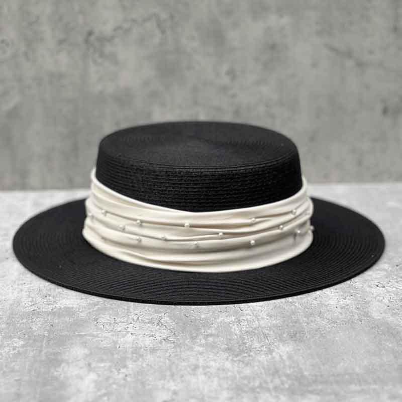 

French Elegant Pearl Flat Top Hat Ladies Spring Summer British Vintage Straw Breathable Sunscreen Sun Hat Tide M55-57cm can be adjusted to a smaller size