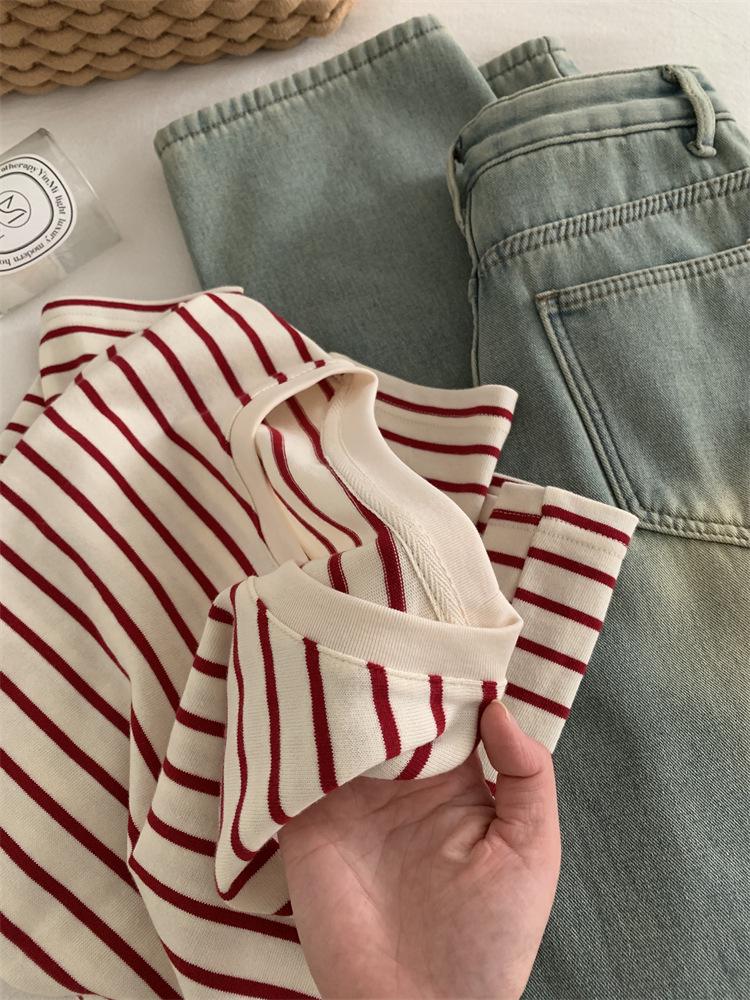 Korean Style Plus Size Striped Round Neck Long Sleeve T-shirt for Women - Autumn Winter Casual Loose Pullover