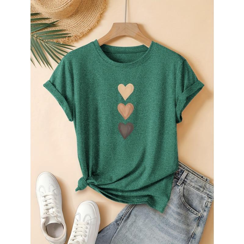 Three Heart-shaped Printed Fashionable Retro Style Women's Summer Casual Sports Style Top Round Neck Short Sleeved T-shirt Deep Space Gray