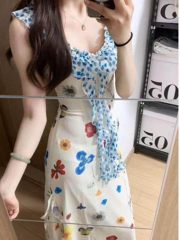 Floral Print Spaghetti Strap Ruffle Vacation Dress for Women - Summer 2026 Yunnan Sichuan Gauze Maxi Dress