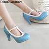 Fashion Spring Vintage T Strap Mary Janes Shoes For Women Blue Patent Leather Platform Pumps Female Ladies Footwear Sandalias De Mujer