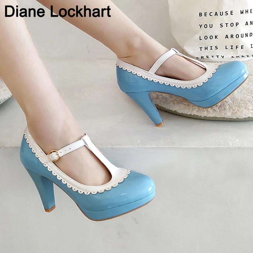 Fashion Spring Vintage T Strap Mary Janes Shoes For Women Blue Patent Leather Platform Pumps Female Ladies Footwear Sandalias De Mujer