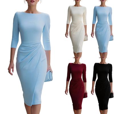 Women Slim Fit Pleated Dress Three Quarter Sleeve Bodycon Knee Length Pencil Dress Elegant Office Workwear Dress