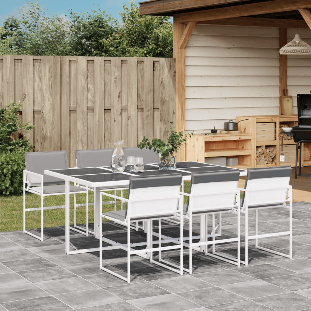 7 Piece Garden Dining Set with Cushions White Textilene