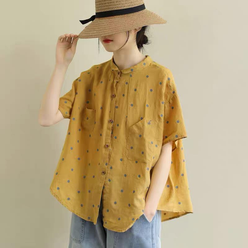 

Women s Retro Polka Dot Cotton Linen Short Sleeve Shirt - Summer Loose Fit, Plus Size Mori Style Top 3XL жовтий