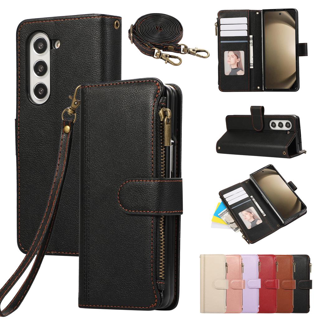 Suitable for Samsung Z Fold7 mobile phone leather case Z Fold4 multi-function zipper wallet card diagonal span portable rope
