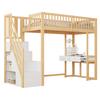 90x200 Loft Bed with Multifunctional Table, Safe Storage Staircase, Bed Frame Made of Solid Pine Wood for Children and Teenagers White