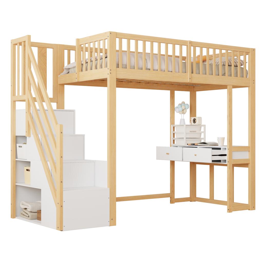 90x200 Loft Bed with Multifunctional Table, Safe Storage Staircase, Bed Frame Made of Solid Pine Wood for Children and Teenagers White
