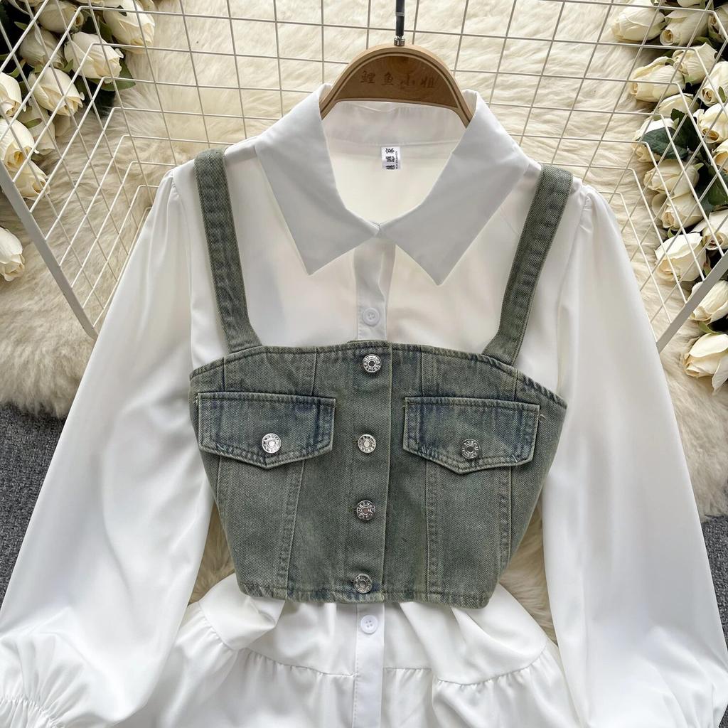 Koreansk Seriekläder Återupplivande Tvådelat Set Topp Retro Kort Jeansväst Trendigt Allmatchande Mellanlångt Skjortset