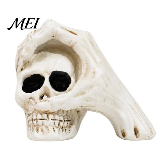 Realistic Bone Texture Figurine Halloween Skull Hand Sculpture, Gothic Skeleton Head Figurine, Spooky Resin Home Tabletop Ornament Decoration