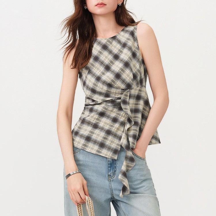 Versailles Lane Vintage Plaid Round Neck Slimming Sleeveless Shirt for Women, New Summer Ribbon Shirt