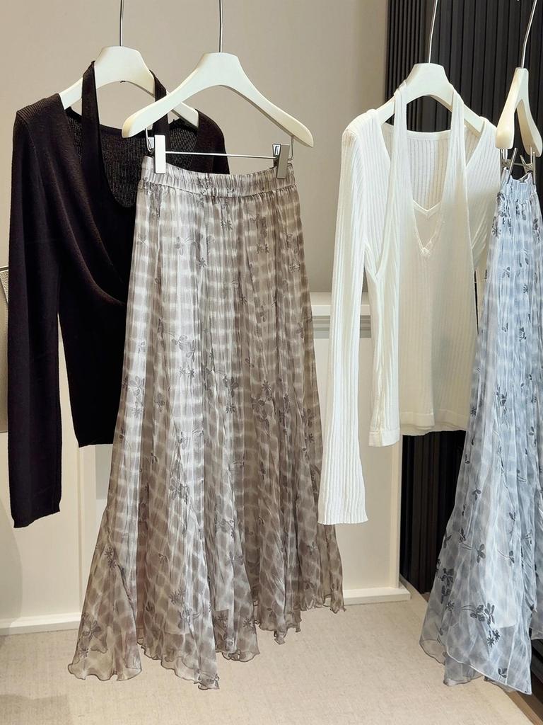 Women's Summer High Waist Irregular Hem Plaid Chiffon Skirt