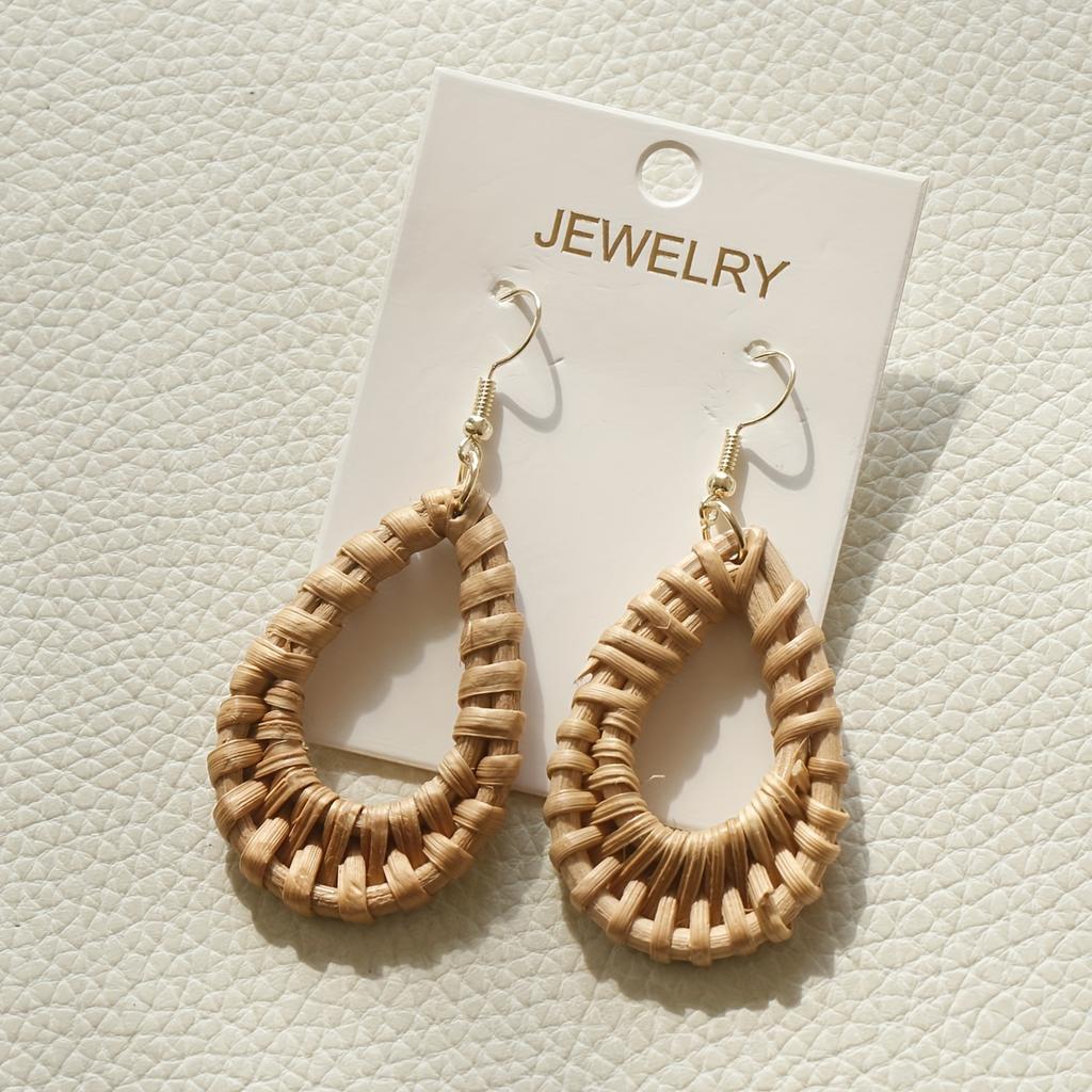 Handcrafted Brown Rattan Oval Hollow Dangle Earrings for Women Wooden Holiday Earring Party Jewelry Gifts