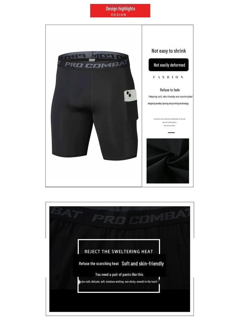 Men's Quick-Dry Compression Shorts with Pockets - High Elasticity, Ideal for Running, Training, and Basketball.